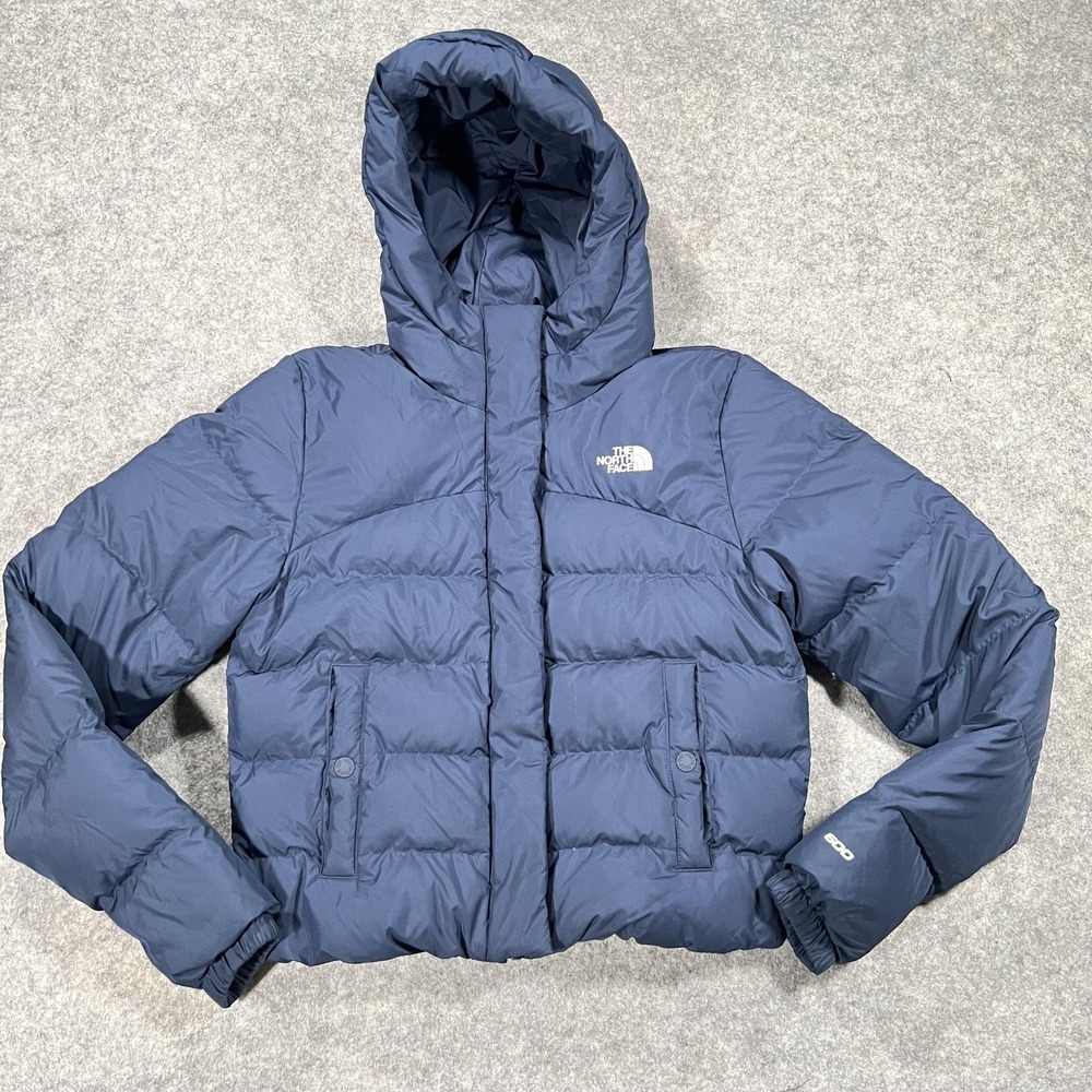 North Face Jacket Womens XS Navy Blue Hooded 600 Down Puffer Crop Hydrenalite